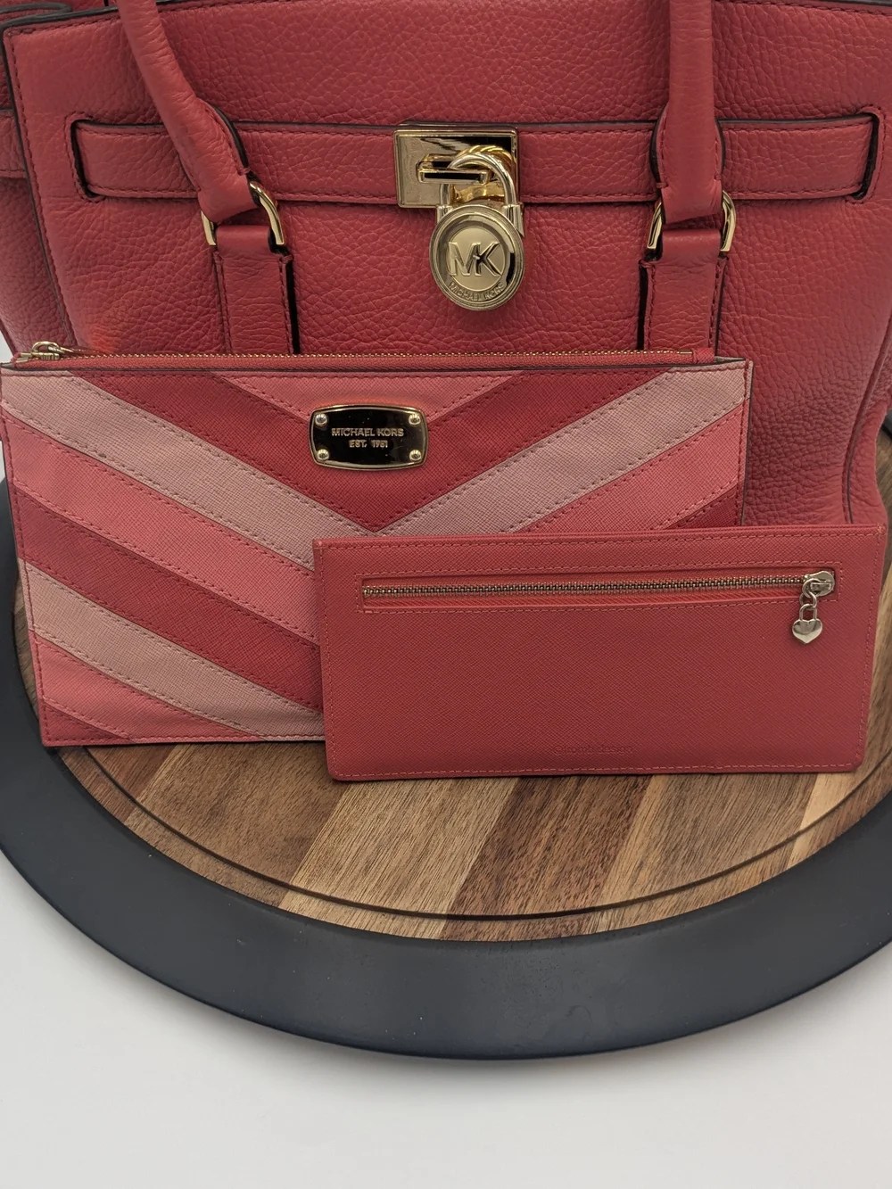 Michael Kors Hamilton Large Pebbled Leather Satchel Coral Wristlet &Card Holder